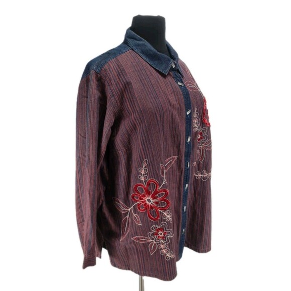LIZE & ME Women Plus Size 4X Floral Denim Button Up Shirt Embroidery 20NA - Picture 2 of 5